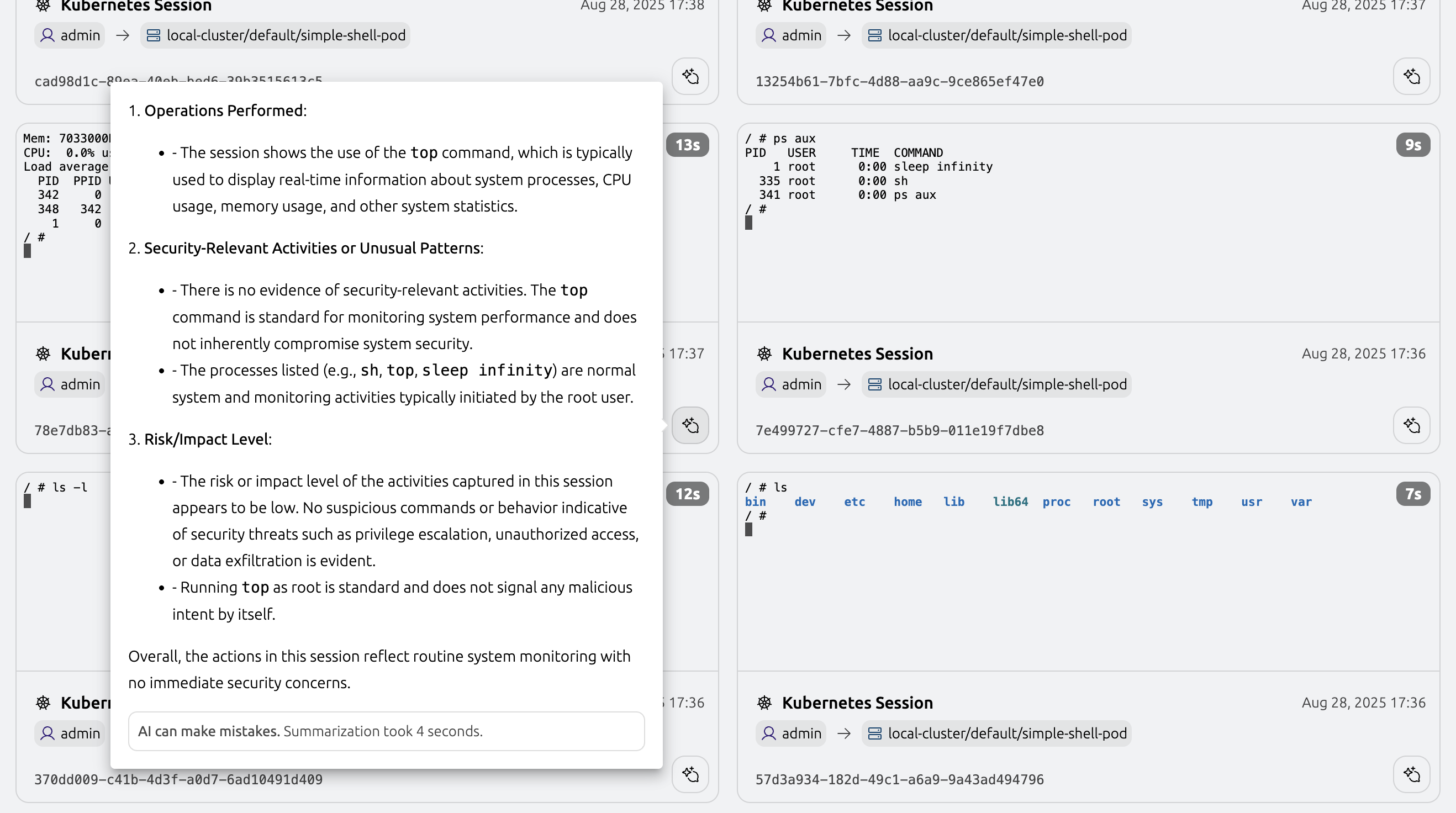 Session recording list screen with a summary visible